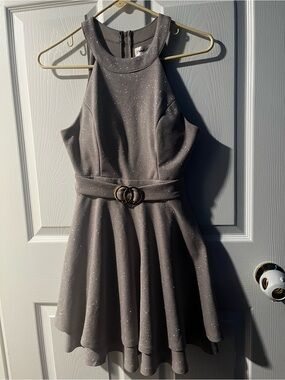 Sparkle Halter Skater Dress in Metallic Gray